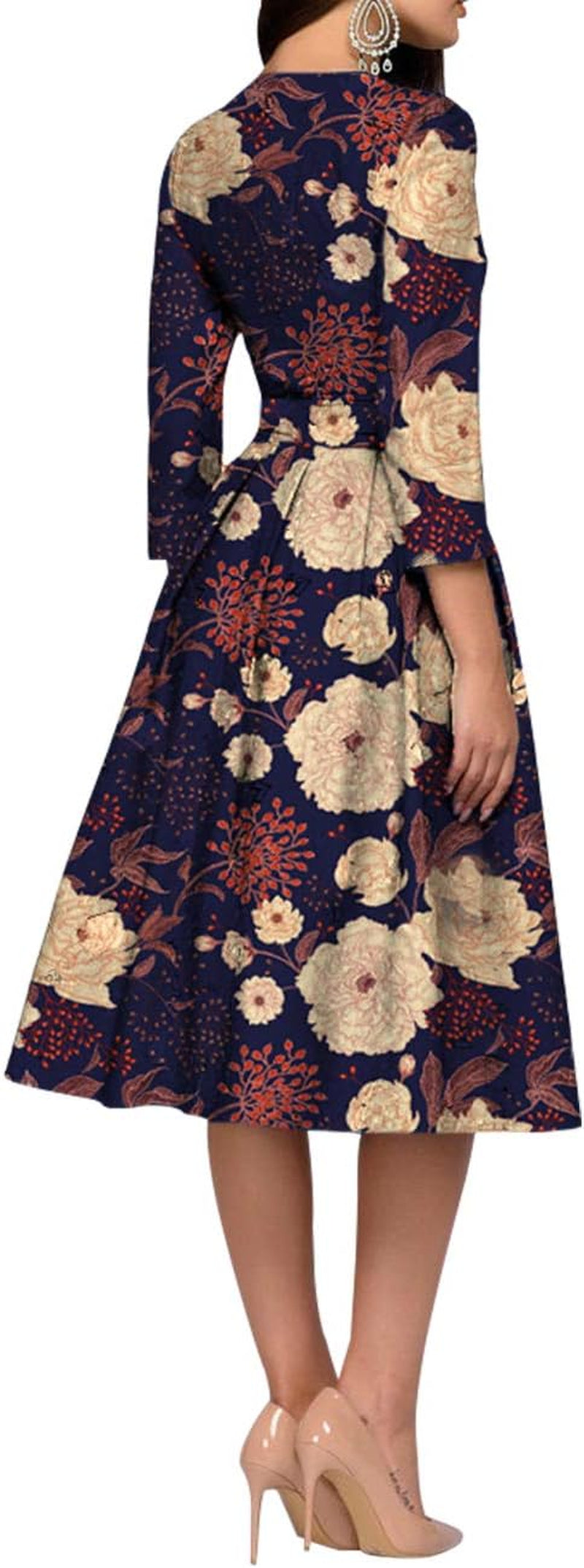 Women'S Floral Vintage Dress Elegant Midi Evening Dress 3/4 Sleeves