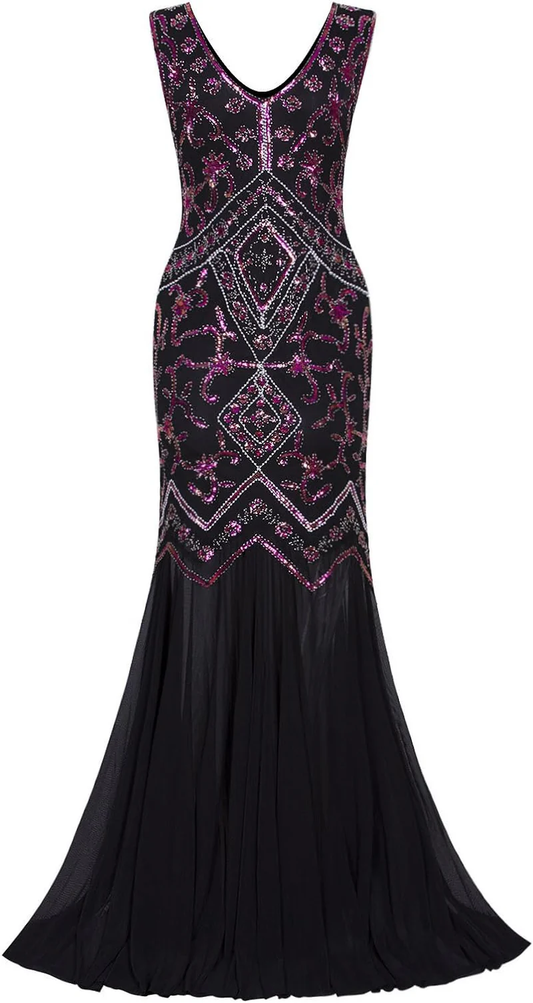 Womens 1920S Inspired Cap Sleeve Beaded Sequin Gatsby Long Evening Prom Dress