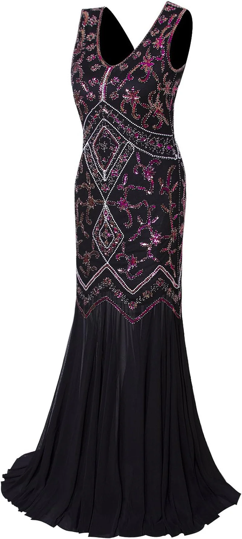 Womens 1920S Inspired Cap Sleeve Beaded Sequin Gatsby Long Evening Prom Dress