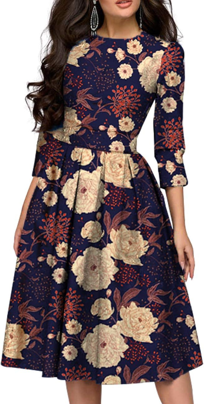 Women'S Floral Vintage Dress Elegant Midi Evening Dress 3/4 Sleeves