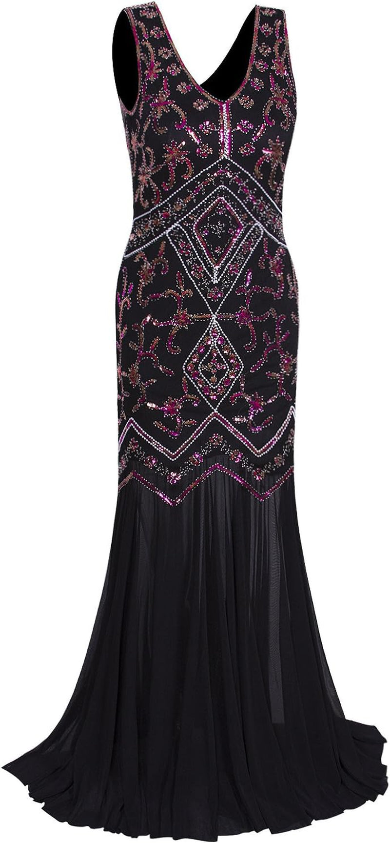 Womens 1920S Inspired Cap Sleeve Beaded Sequin Gatsby Long Evening Prom Dress