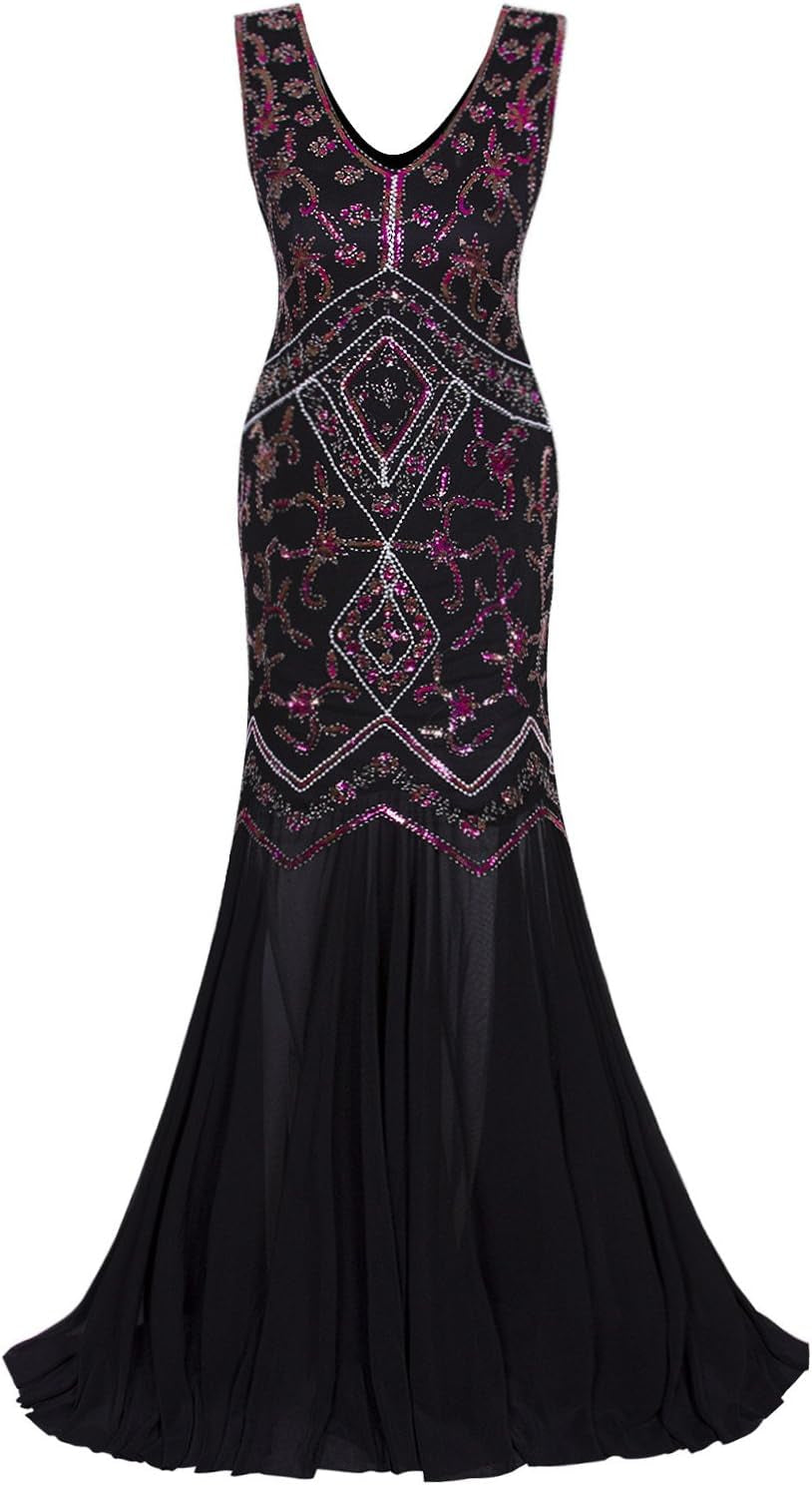 Womens 1920S Inspired Cap Sleeve Beaded Sequin Gatsby Long Evening Prom Dress