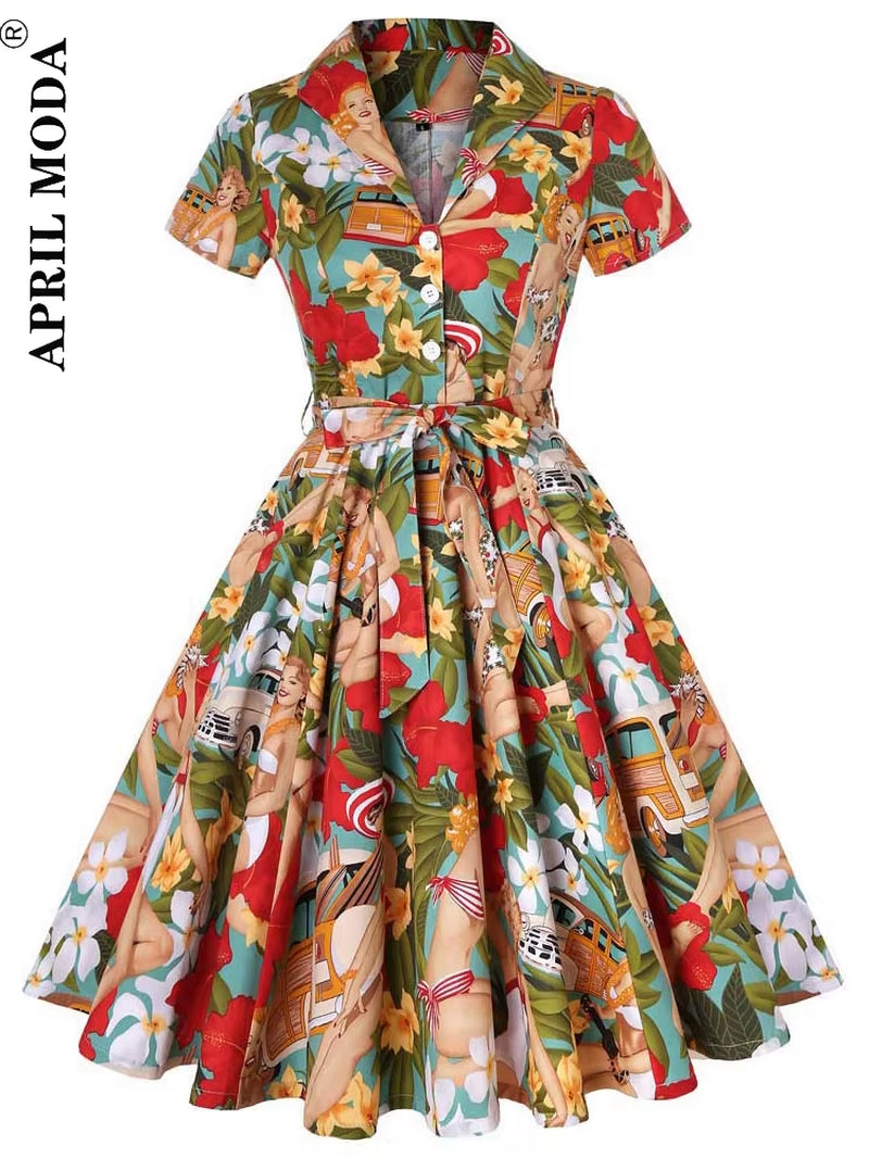 2025 Robe De Cocktail Pinup Rockabilly Dress Midi Cotton Tunic Jurken Causal Vintage 60S 1950S Big Swing Summer Party Sundress