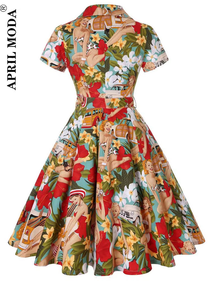 2025 Robe De Cocktail Pinup Rockabilly Dress Midi Cotton Tunic Jurken Causal Vintage 60S 1950S Big Swing Summer Party Sundress