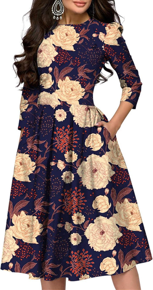 Women'S Floral Vintage Dress Elegant Midi Evening Dress 3/4 Sleeves