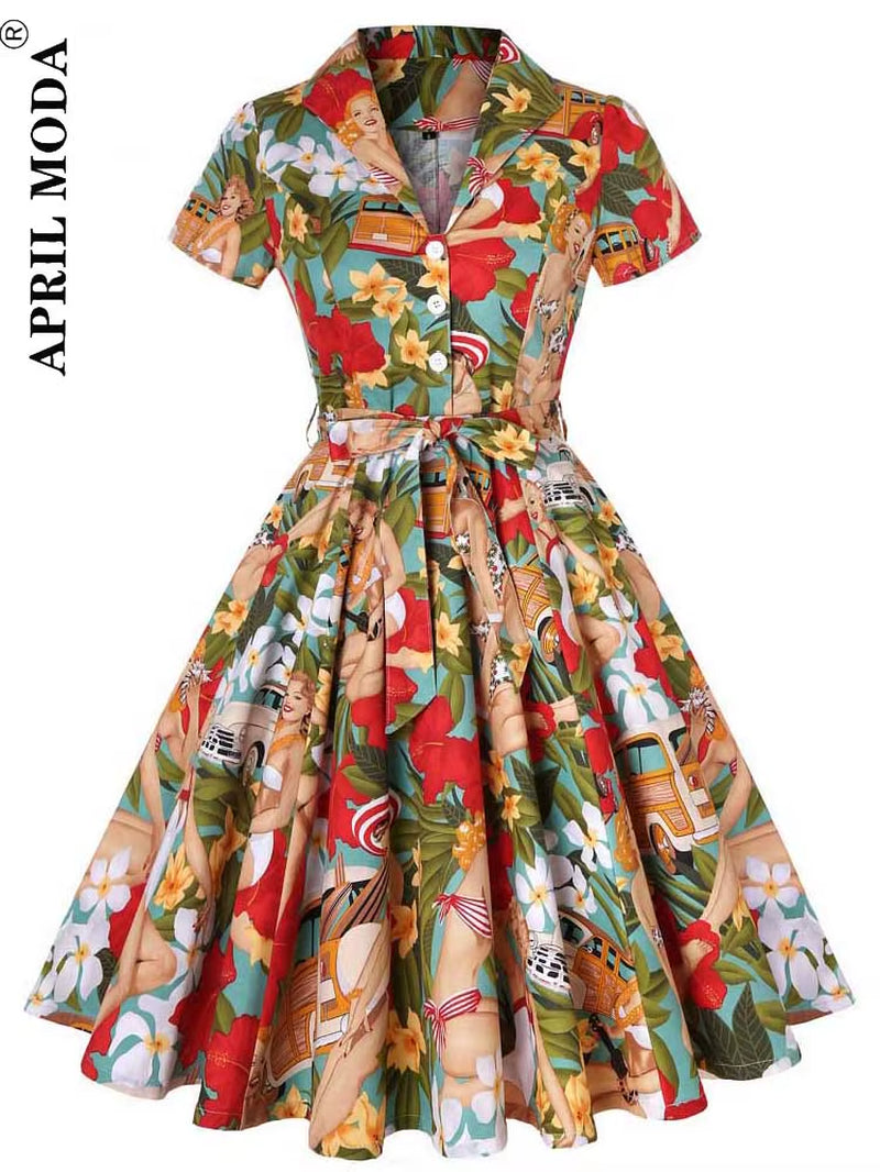 2025 Robe De Cocktail Pinup Rockabilly Dress Midi Cotton Tunic Jurken Causal Vintage 60S 1950S Big Swing Summer Party Sundress