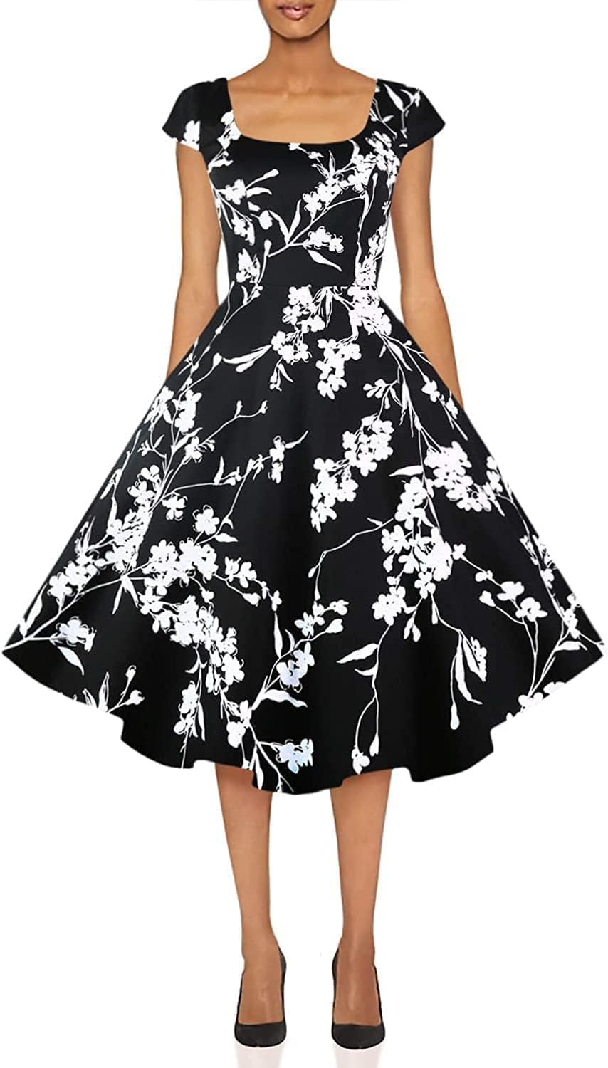 Women'S Cocktail Party Dress Cap Sleeve 1950 Retro Swing Dress with Pockets